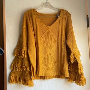 Mustard V-neck fringe sleeve sweater
